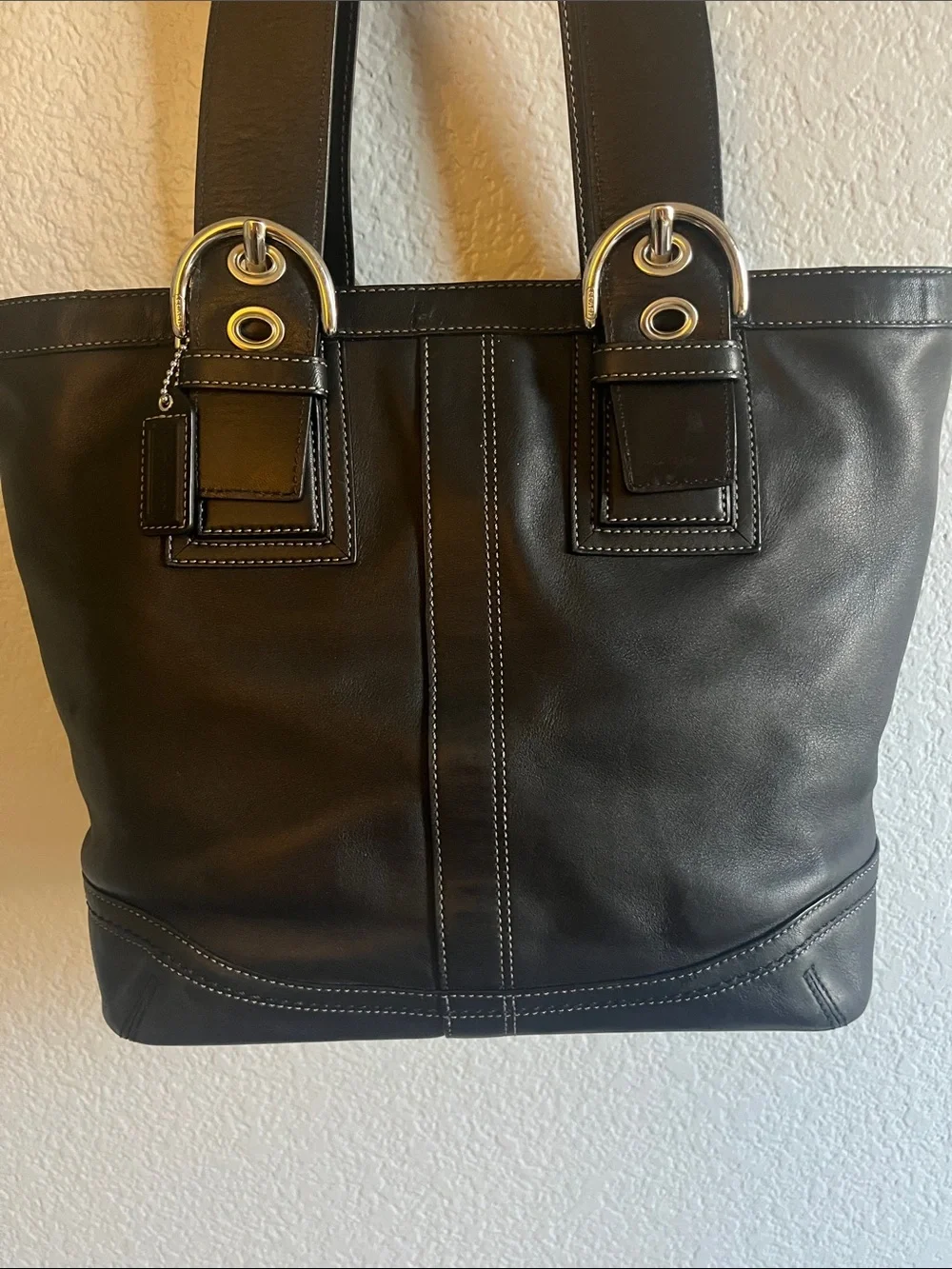 Coach Y2K Black Leather Tote Bag Silver Buckle Hardware White Contrast Stiching - Picture 2 of 16
